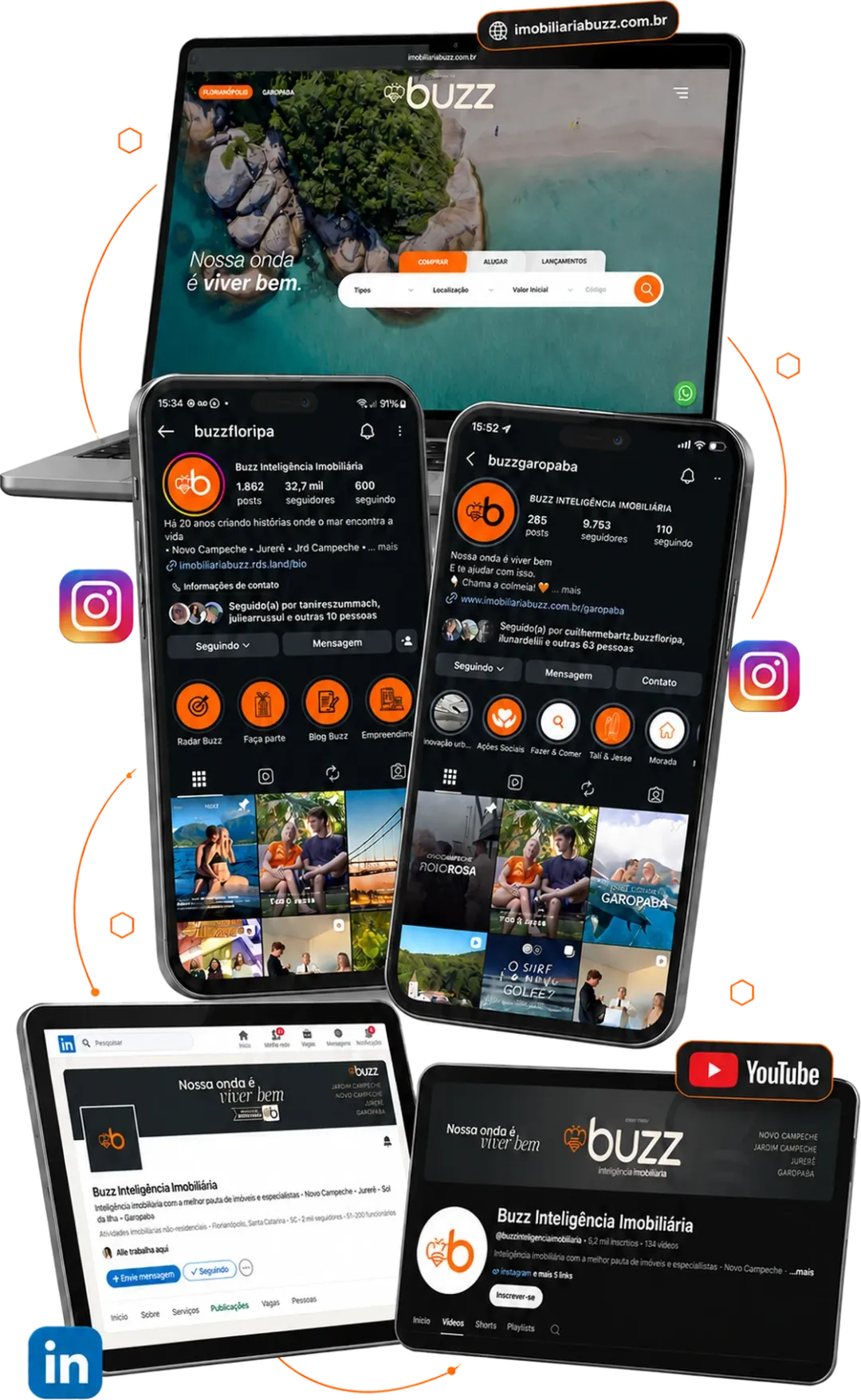 Site, perfis de Instagram, página do LinkedIn e canal do YouTube da Buzz